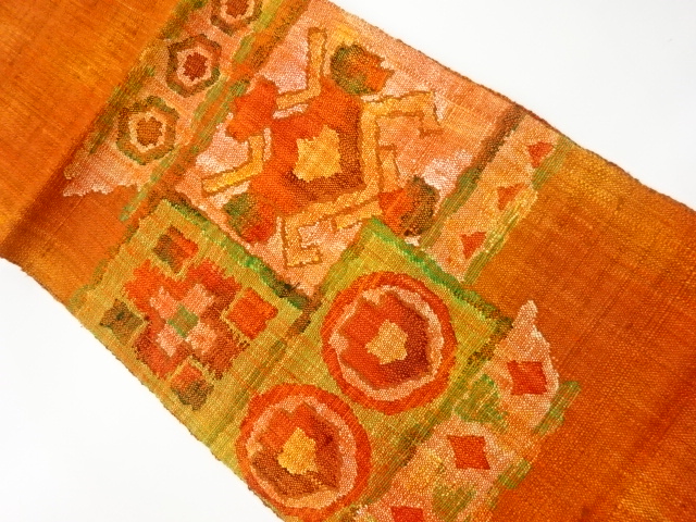 リサイクル　手織り真綿紬色紙に幾何学模様織出し名古屋帯